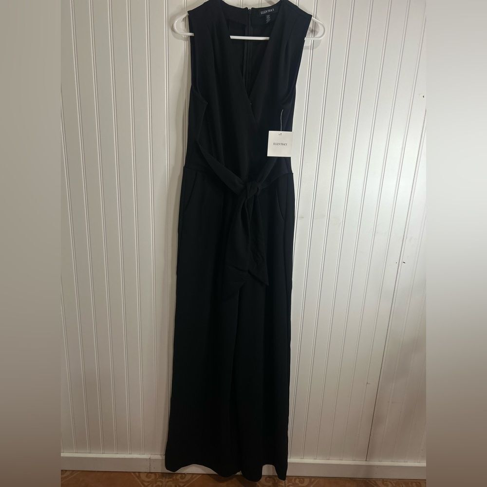Ellen Tracy Black V-Neck Jumpsuit with Belted Waist New .